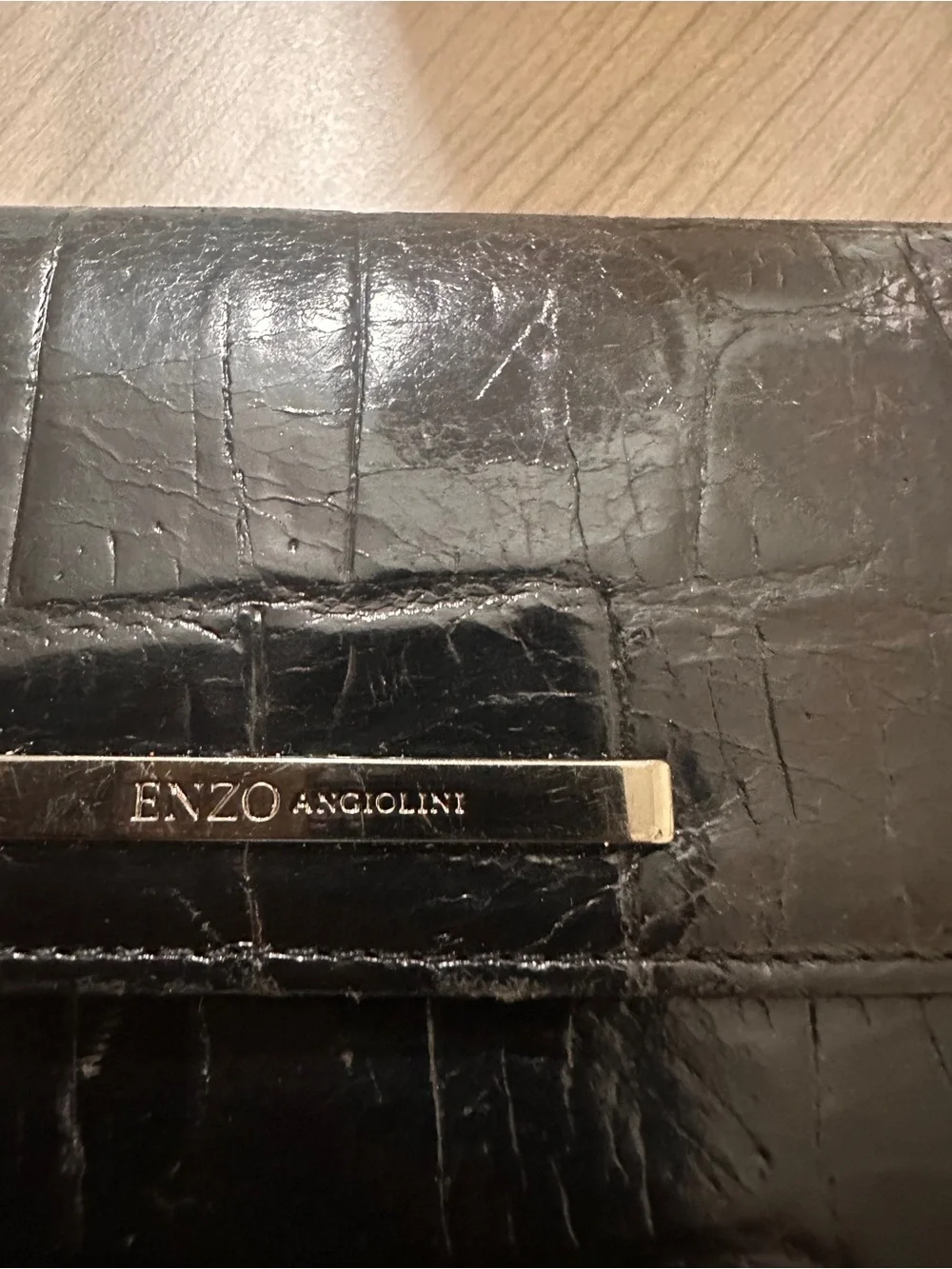 Enzo Angiolini Black Croc-Embossed Wallet with Metal Plaque